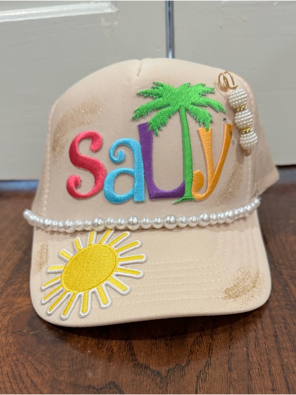 OTTO Beige Trucker Hat with Multicolor Embroidery & Pearl Trim